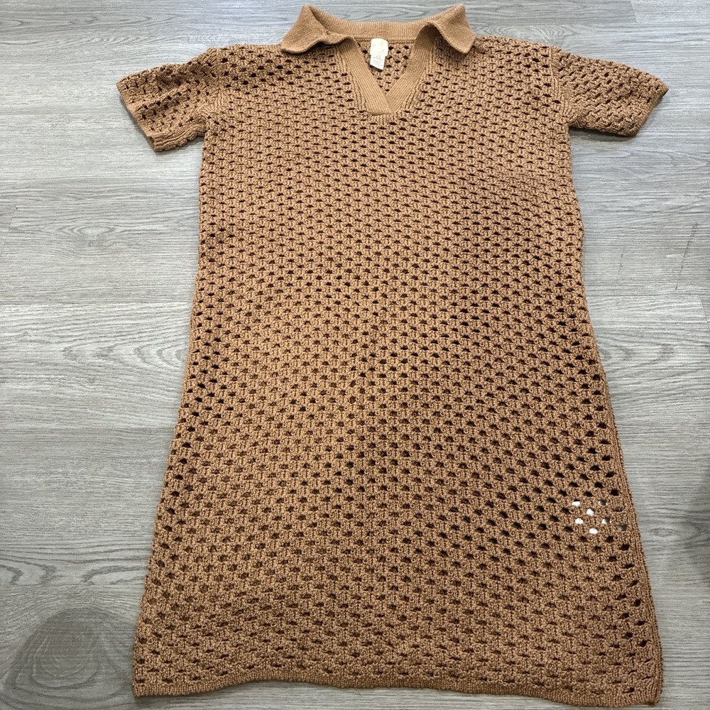 H&M Dress Women's Crochet Brown Beige Midi Cover Up Collar Short Sleeve | Size M